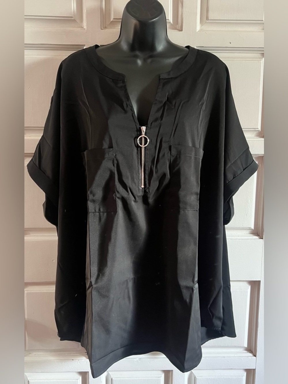 Women's Black Zip-Front Short Sleeve Top